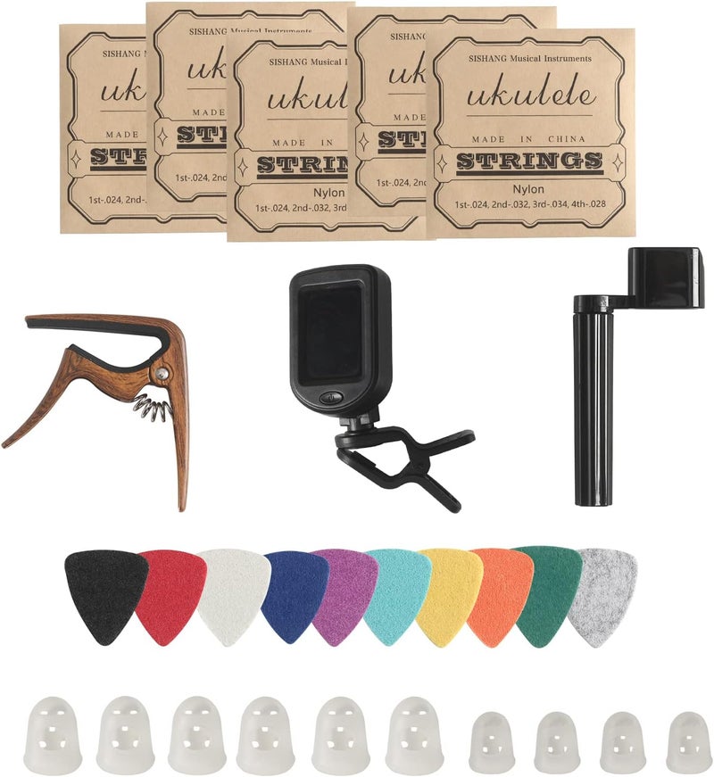 Donux Ukulele Strings Accessories Kit, Nylon Ukulele Strings Set, Tuner, Felt Picks, Capo, Finger Protectors,String Winder for Soprano Concert Tenor Ukulele (28PCS, Walnut color) - Image 1